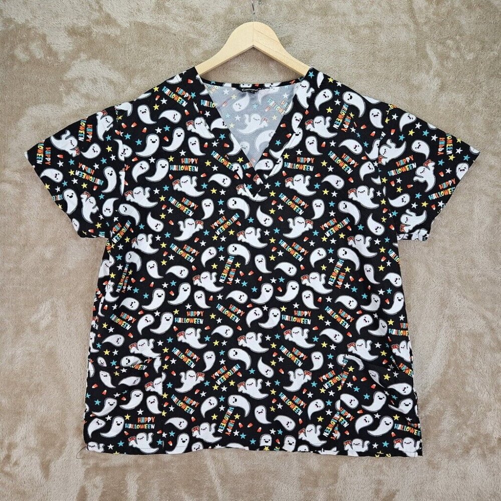 Cassandra O V-Neck Scrub Halloween Ghost Women's Sz 2XL Pockets Short Sleeve EUC